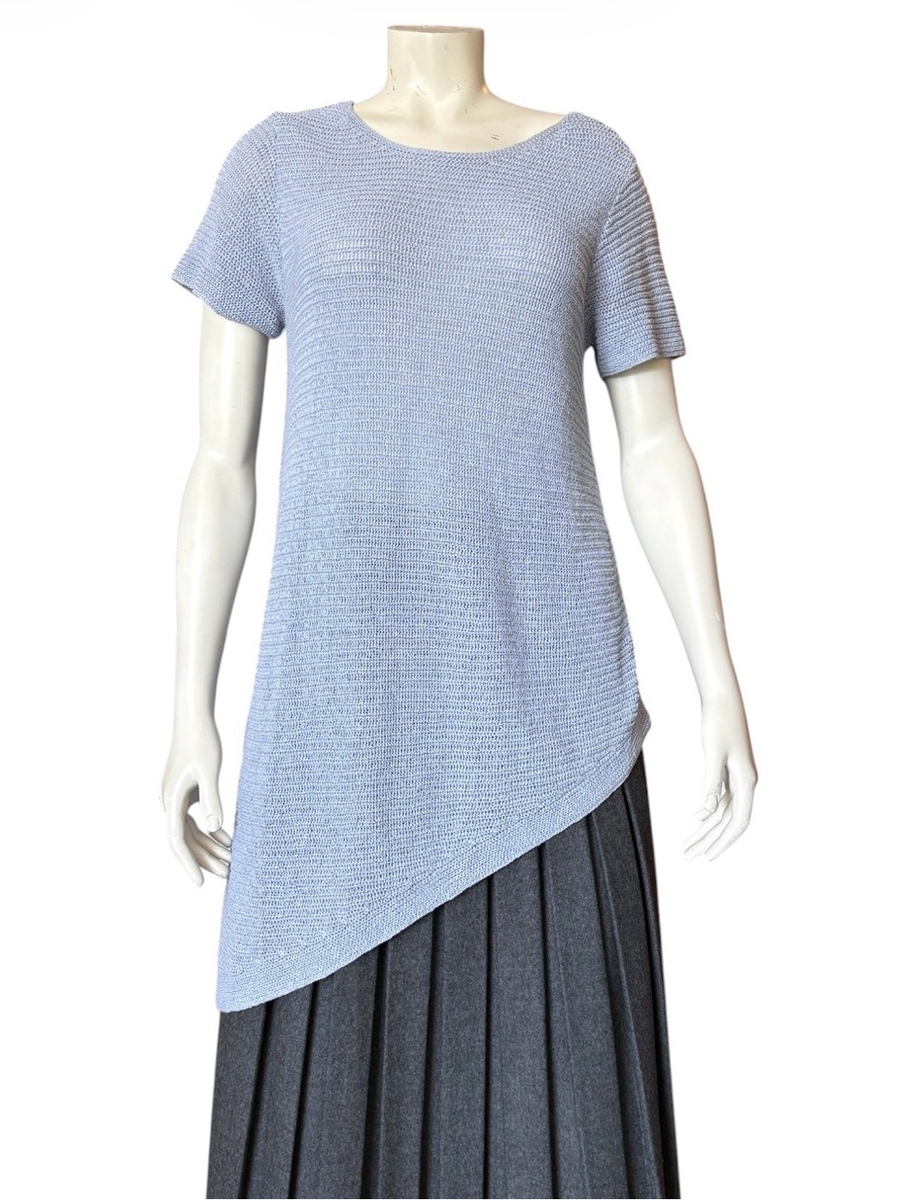 Eileen Fisher Textured Light Blue Asymmetric Knit Sweater Top Short Sleeve Small